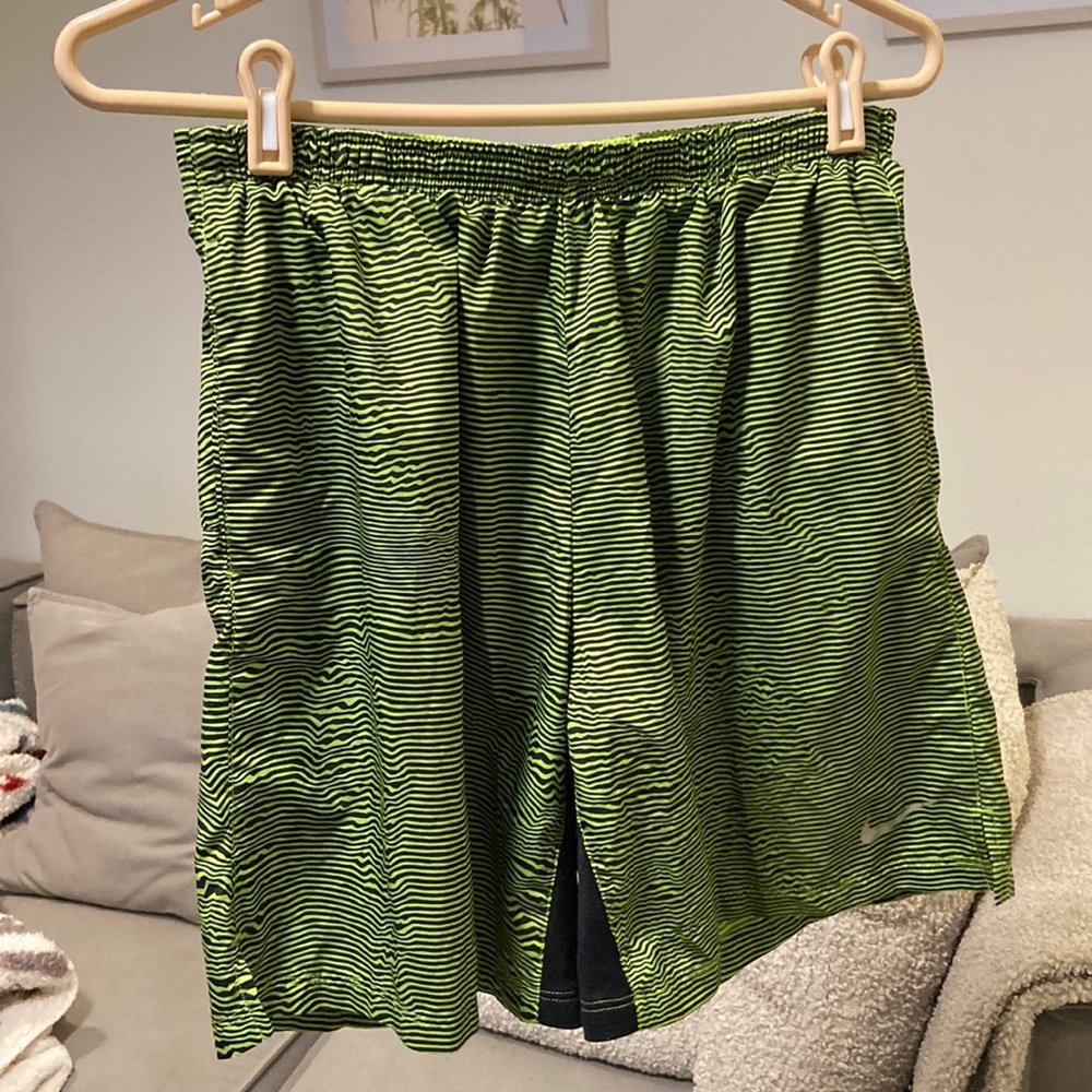 Nike Dri-fit shorts with liner. Bright green and black stripes. Men’s size large